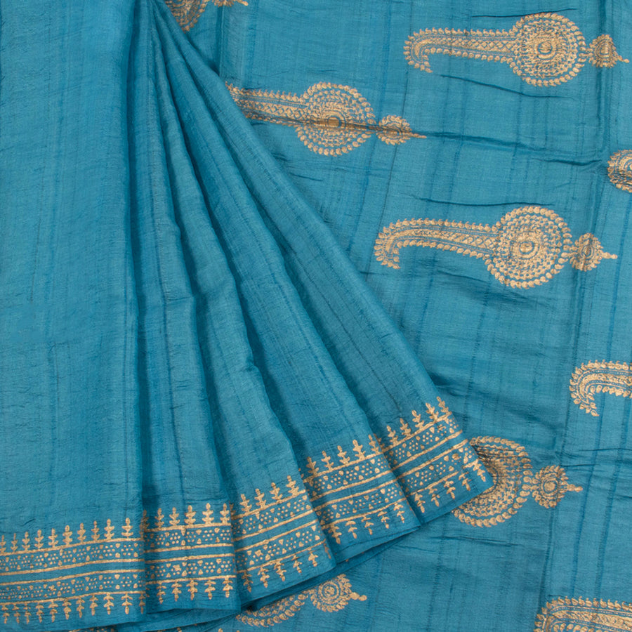 Hand Block Printed Tussar Silk Saree with Metallic Printed Kalgi Motifs Pallu and Fancy Tassels