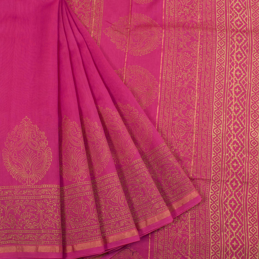 Hand Block Printed Chanderi Silk Cotton Saree with Metallic Printed Floral Border and Fancy Tassels 