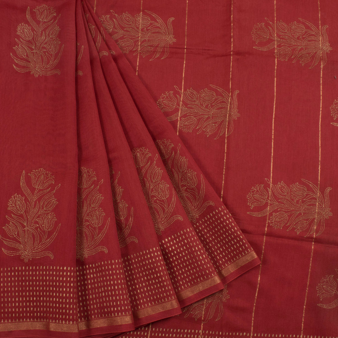 Hand Block Printed Chanderi Silk Cotton Saree with Metallic Printed Floral Motifs and Fancy Tassels
