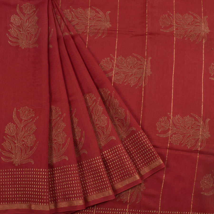 Hand Block Printed Chanderi Silk Cotton Saree with Metallic Printed Floral Motifs and Fancy Tassels