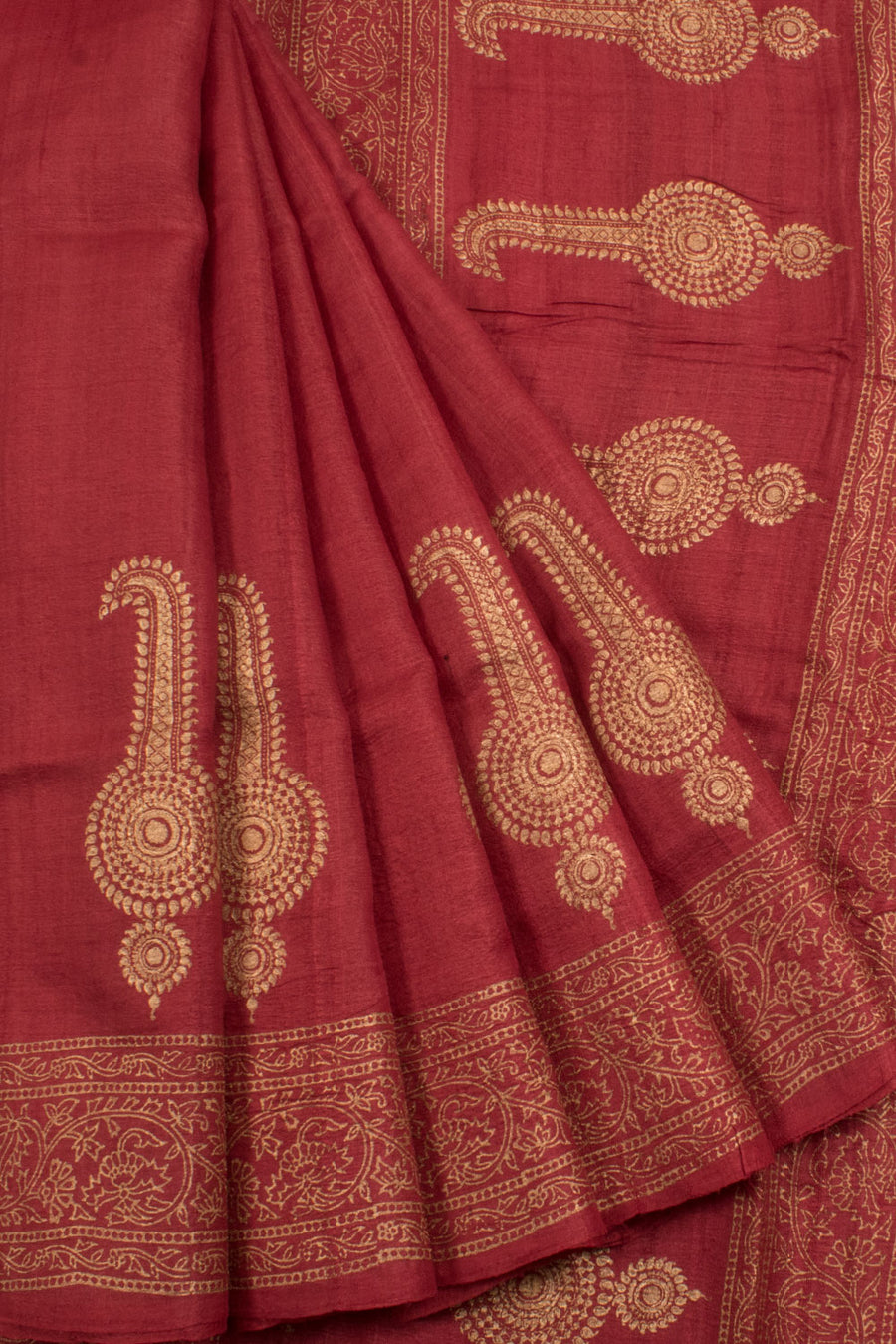 Hand Block Printed Tussar Silk Saree with Jhumka Motifs and Fancy Tassels