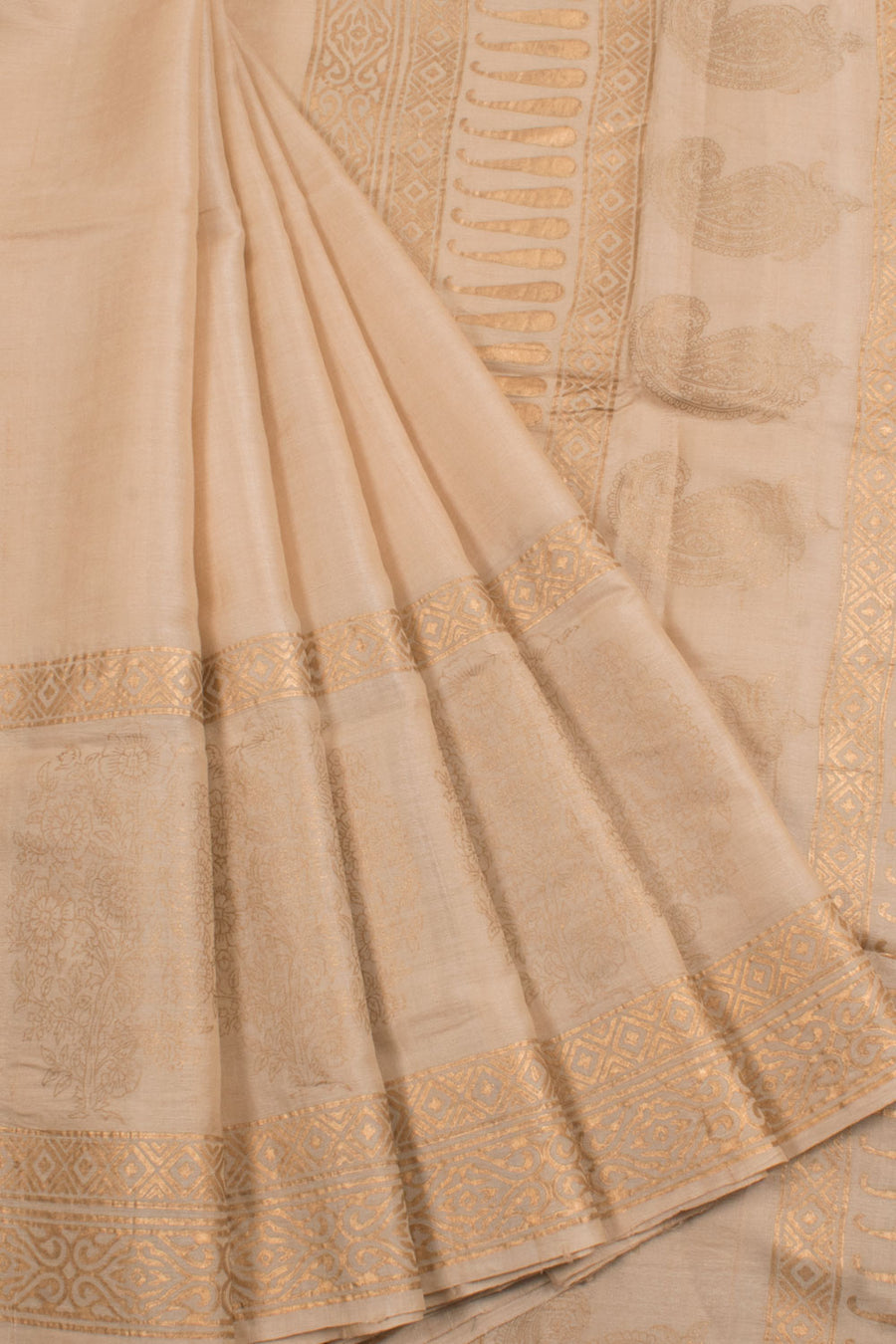 Hand Block Printed Tussar Silk Saree with Floral Motifs Border and Fancy Tassels