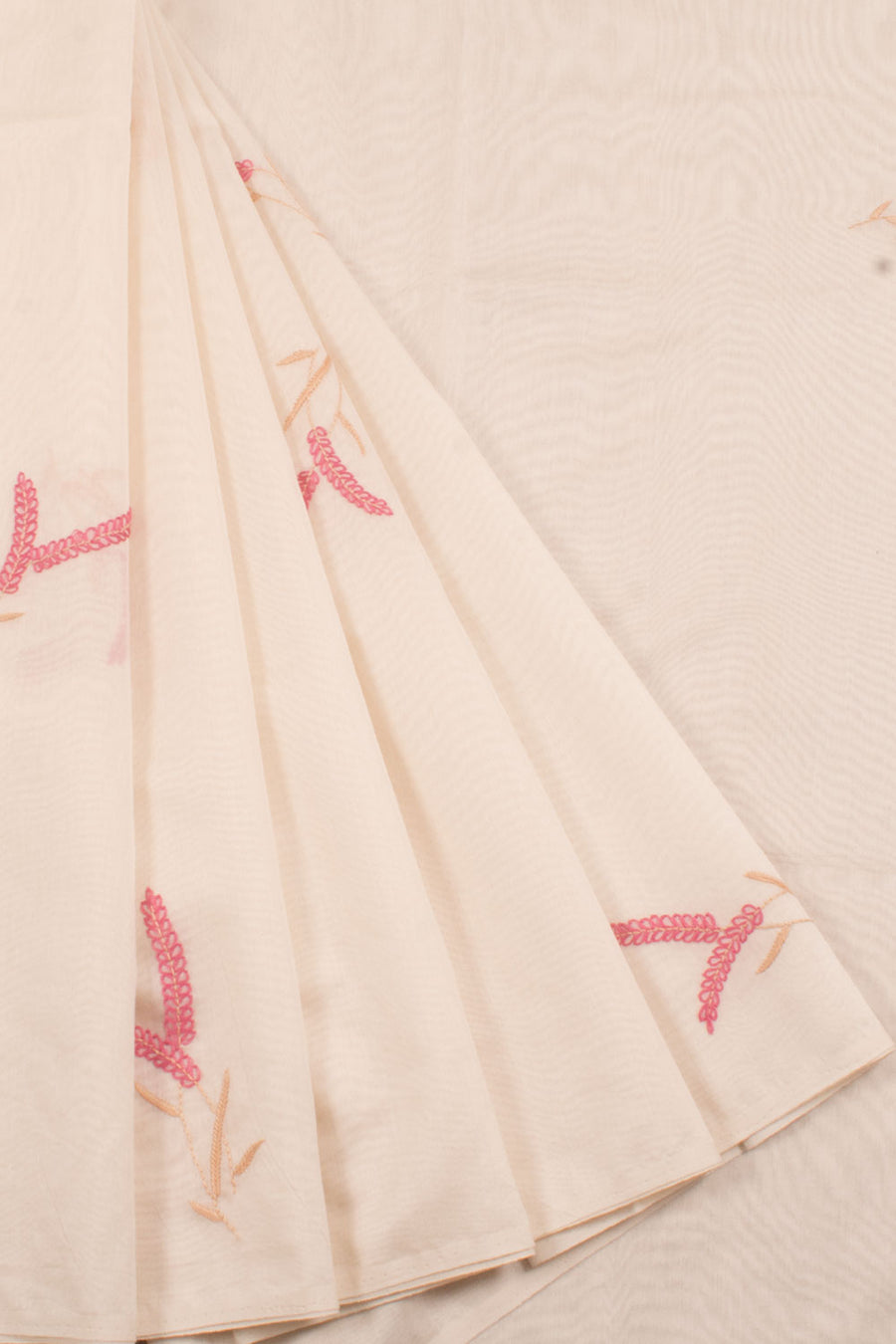 Hand Embroidered Chanderi Silk Cotton Saree with Leaf Design and Fancy Tassels