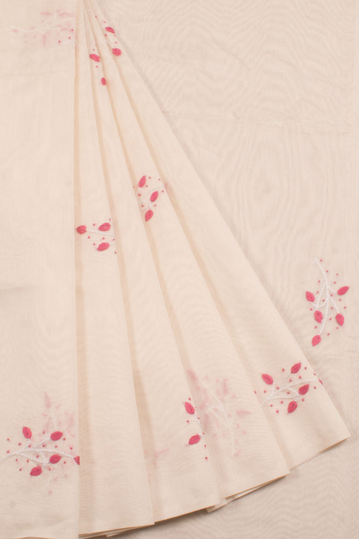 Hand Embroidered Chanderi Silk Cotton Saree with Leaf Design and Fancy Tassels