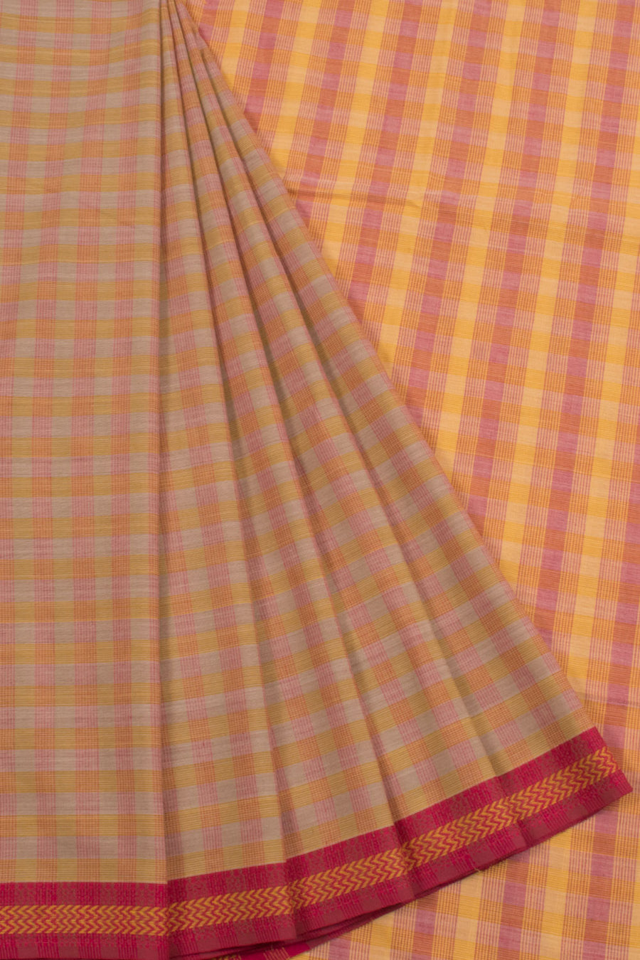 Handloom Cotton Saree with Checks Design and Zigzag Border