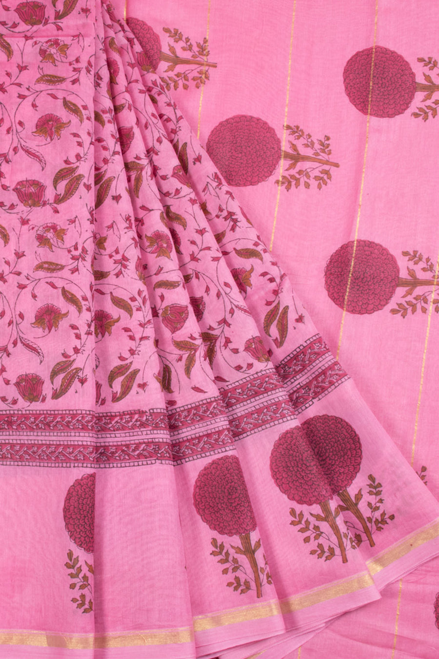 Hand Block Printed Chanderi Silk Cotton Saree with Allover Floral Design and Fancy Tassels