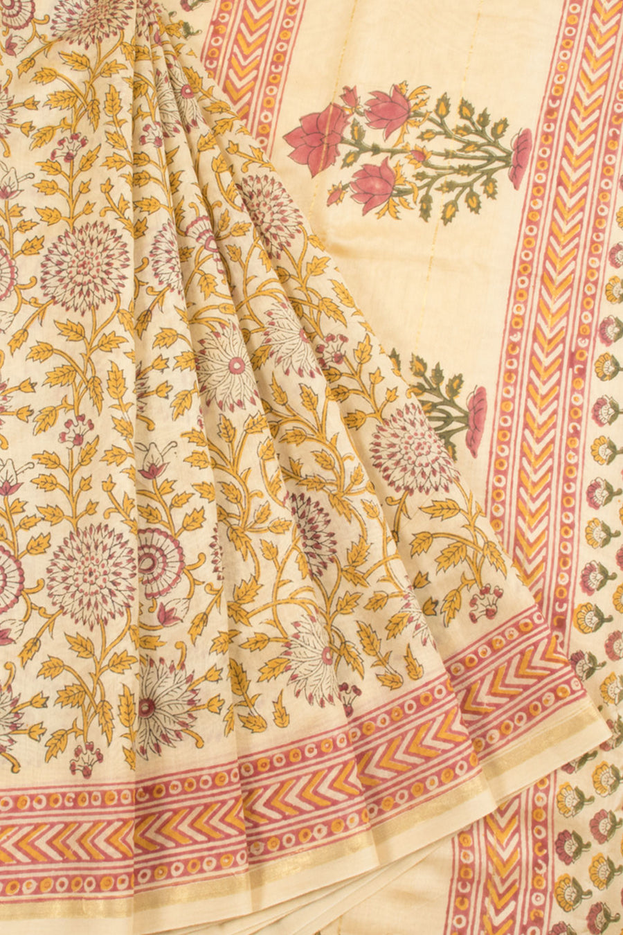 Hand Block Printed Chanderi Silk Cotton Saree with Allover Floral Designs and Fancy Tassels