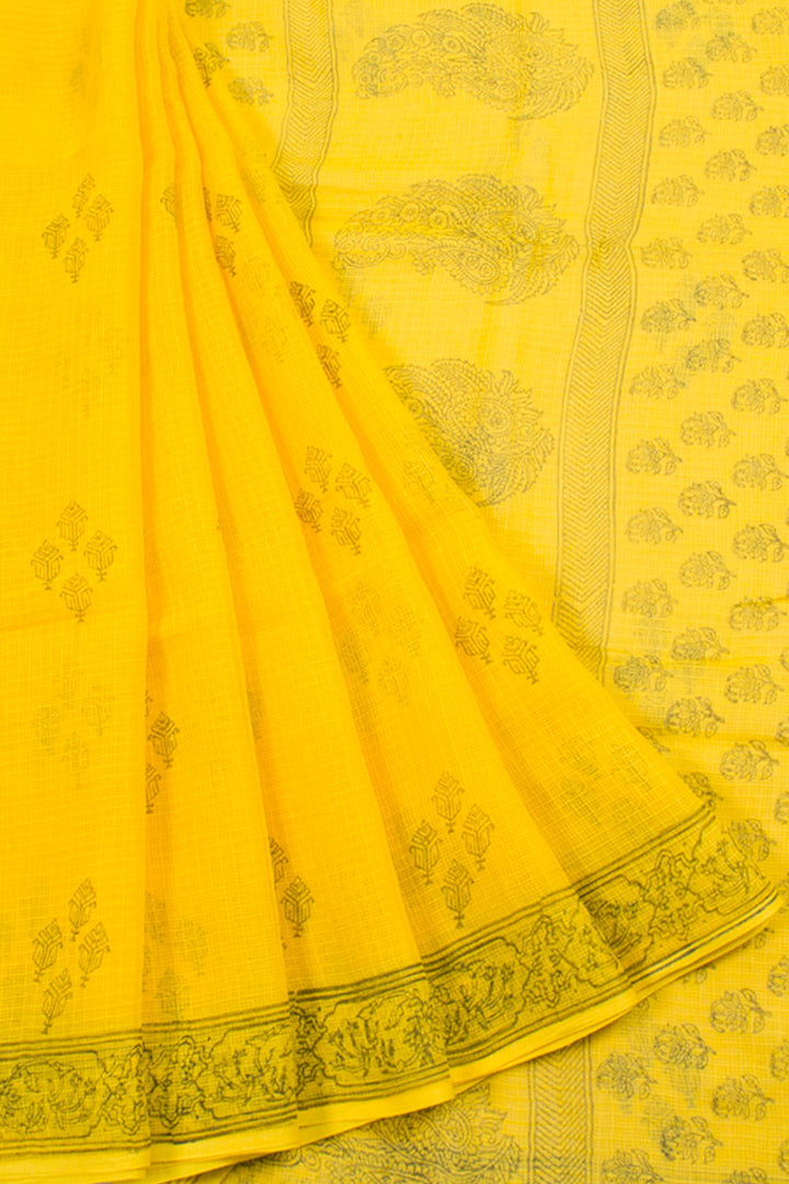 Yellow Hand Block Printed Kota Cotton Saree with Floral Motifs, Floral Pallu and Fancy Tassels without Blouse