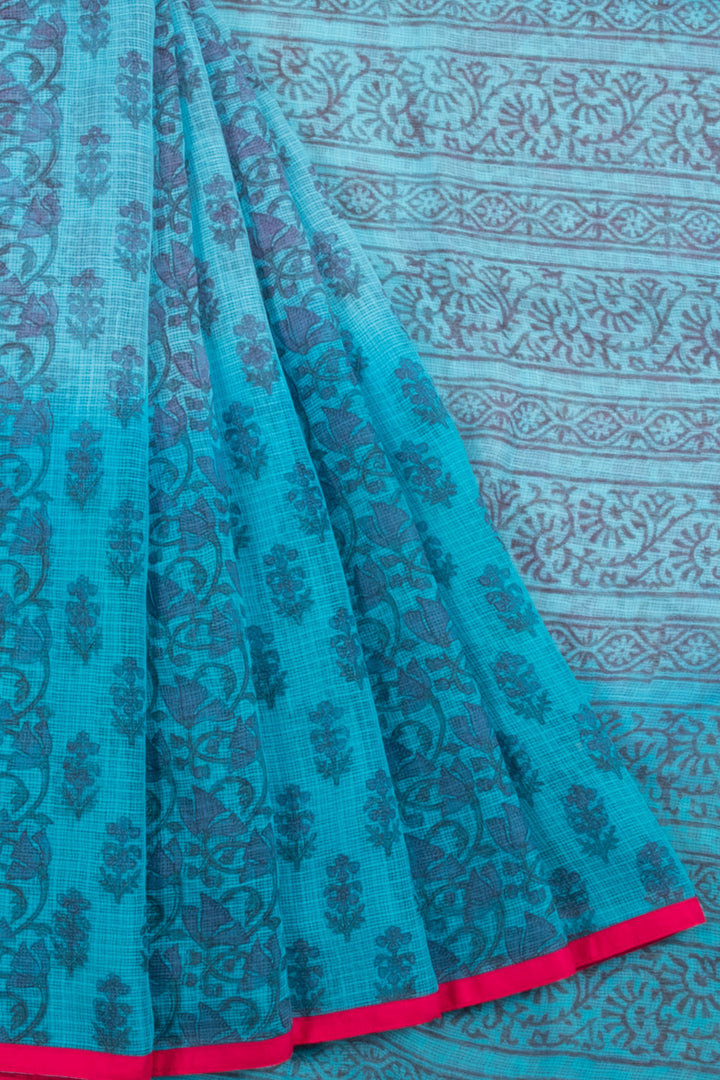 Hand Block Printed Kota Doria Cotton Saree with Floral Motifs Border, Fancy Tassels and without Blouse