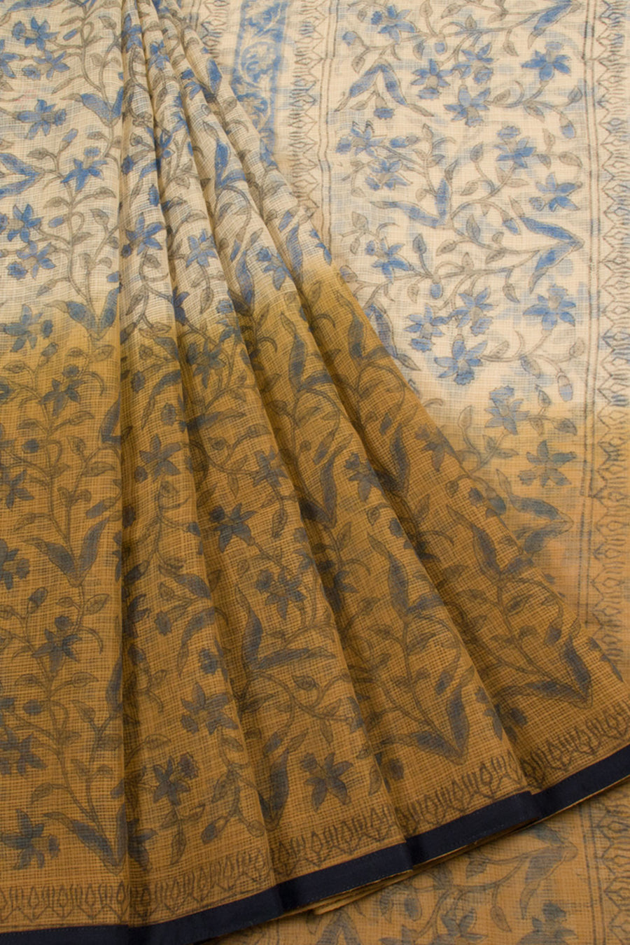 Cream Hand Block Printed Kota Cotton Saree with Allover Floral Design, Floral Pallu and Fancy Tassels without Blouse