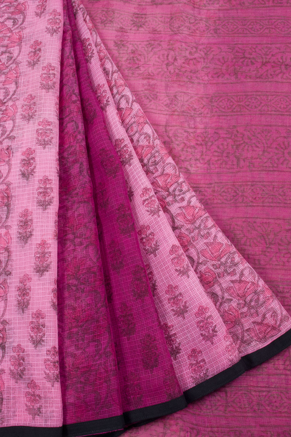 Pink Hand Block Printed Kota Cotton Saree with Allover Floral Design, Floral Pallu and Fancy Tassels without Blouse