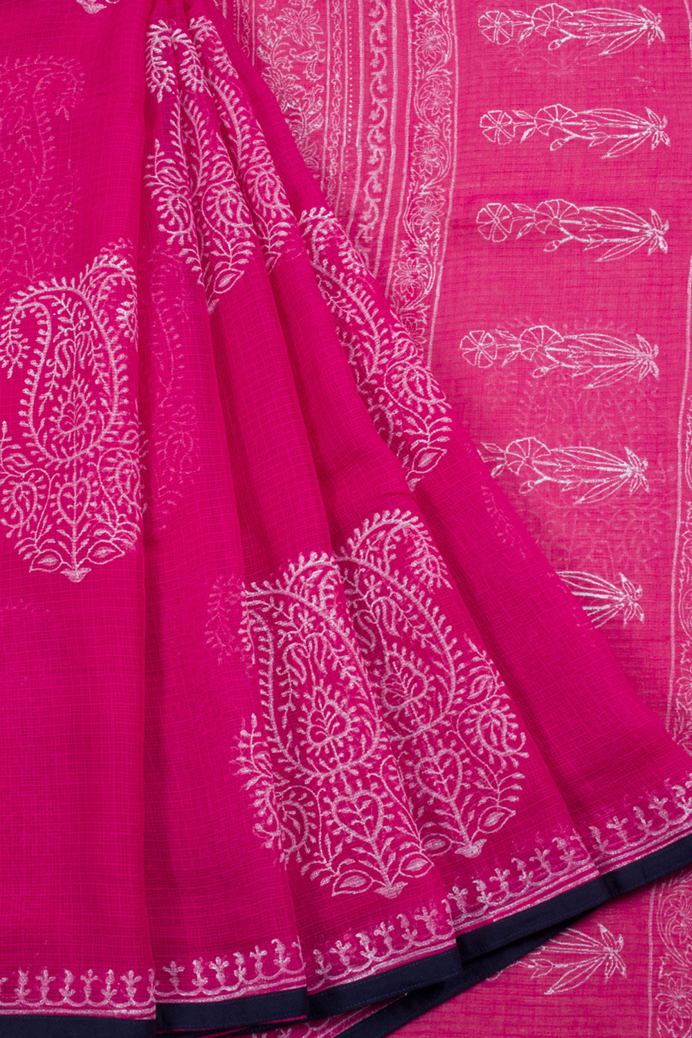 Magenta Hand Block Printed Kota Cotton Saree with Floral Butta and Floral Pallu without Blouse