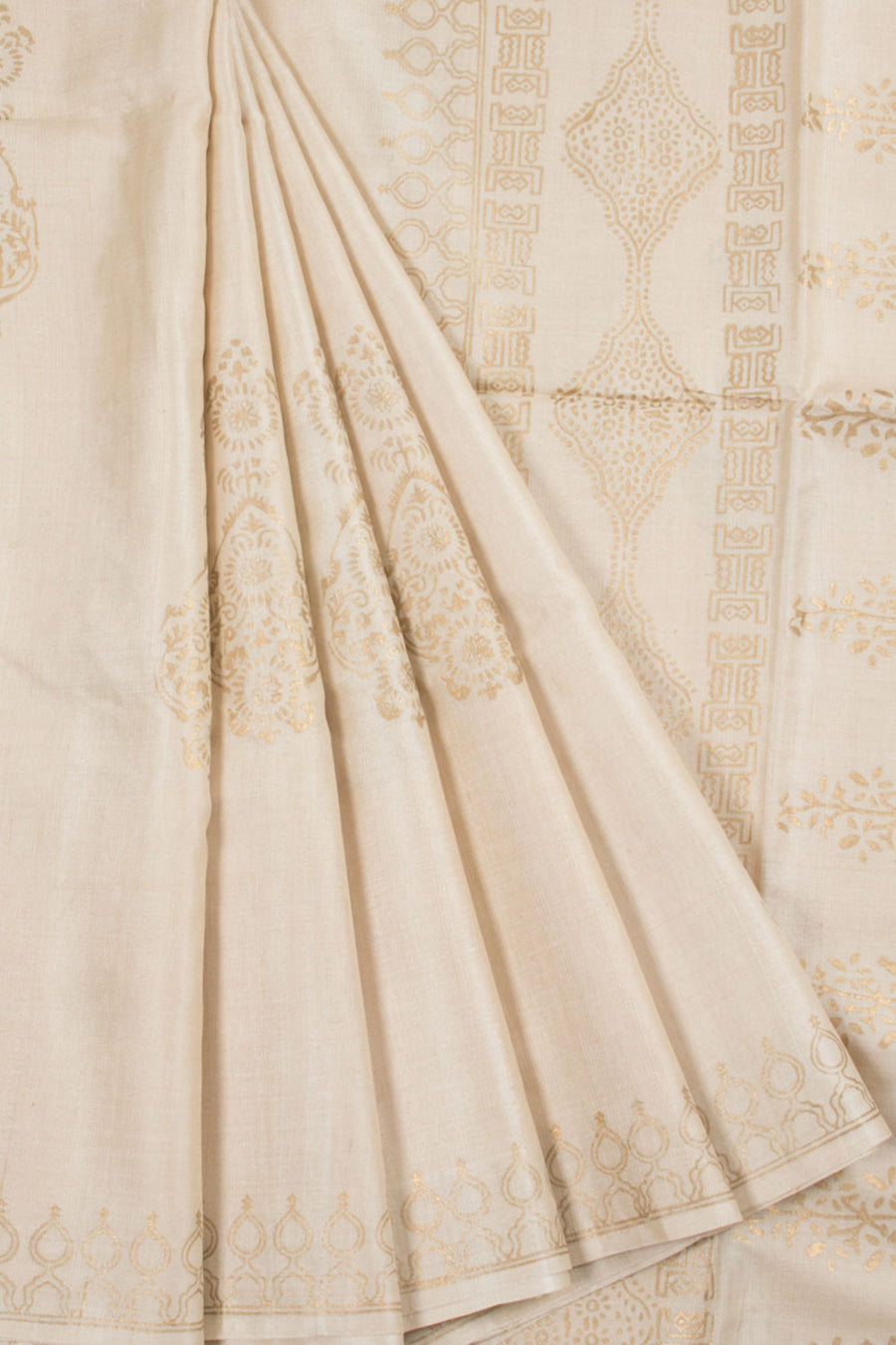 Cream Hand Block Printed Tussar Silk Saree with Fancy Tassels without Blouse