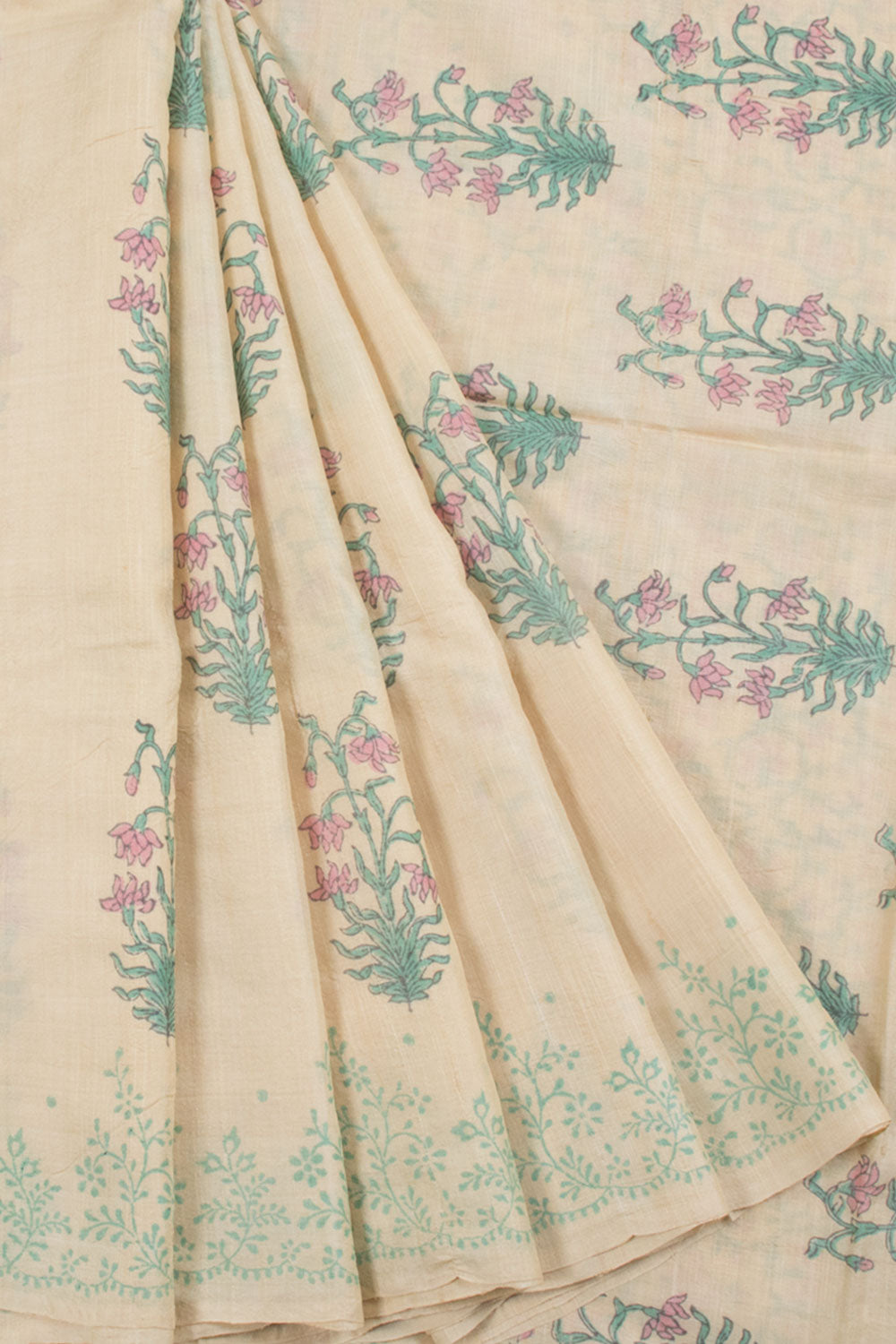 Hand Block Printed Tussar Silk Saree with Floral Motifs and Fancy Tassels