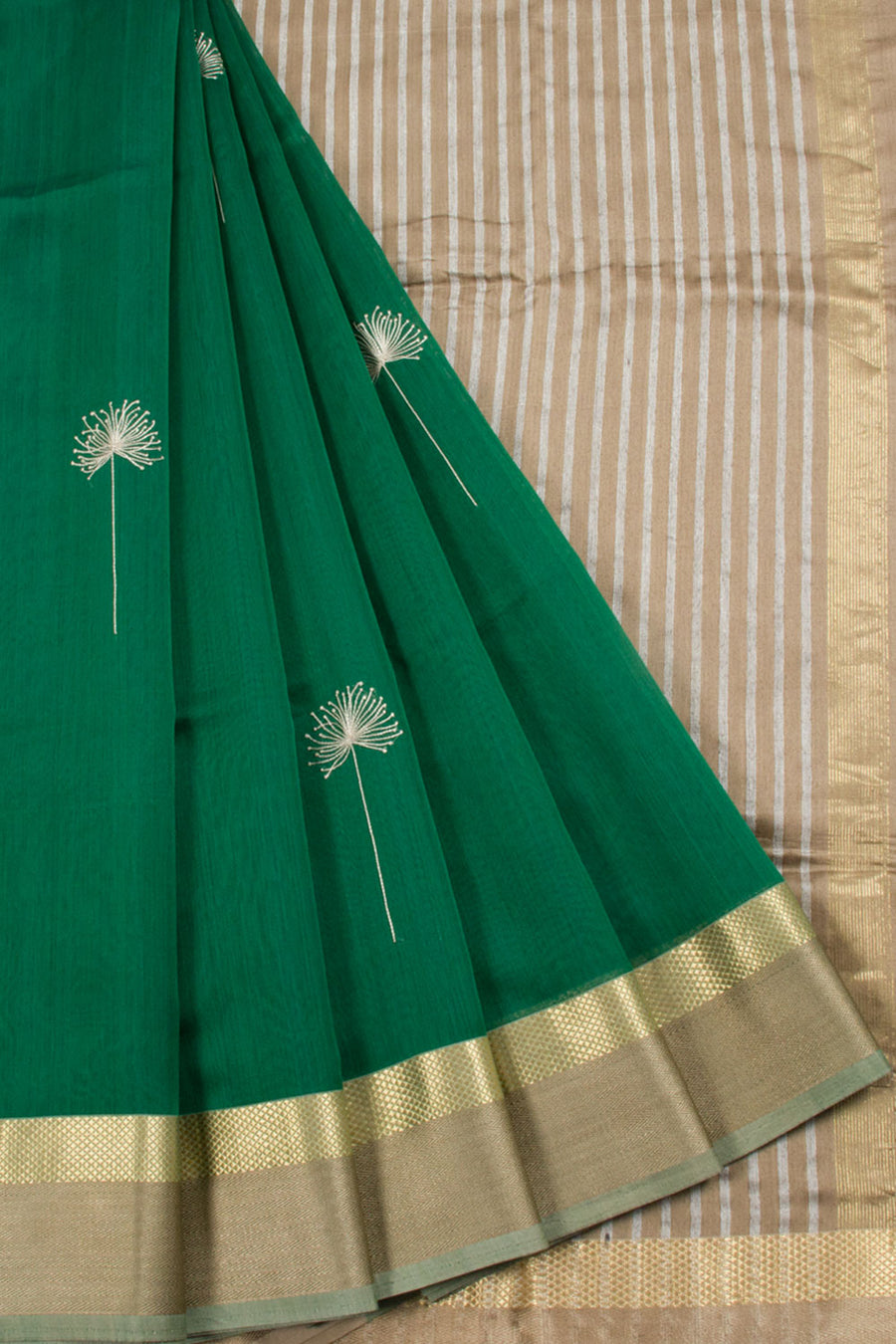 Handwoven Maheshwari Silk Cotton Saree with Hand Embroidered Floral Motifs and Stripes Design Pallu