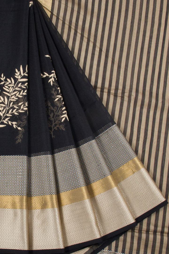 Handwoven Maheshwari Silk Cotton Saree with Hand Embroidered Floral Motifs and Stripes Designs Pallu