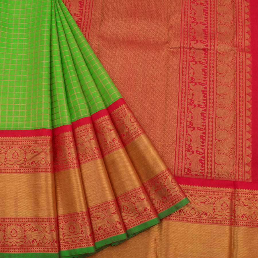 Handloom Pure Zari Bridal Kanjivaram Korvai Silk Saree with Zari Checks Design and Retta Pettu Yazhi Border