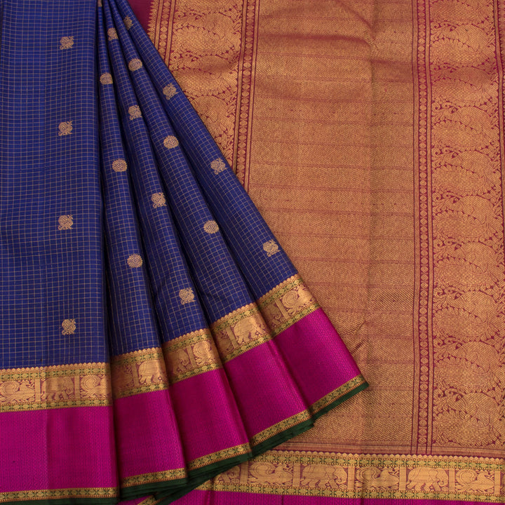 Handloom Pure Zari Bridal Kanjivaram Silk Saree With Vaira Oosi Checks Design Mayil Chakram Motifs and Veldhari Border 
