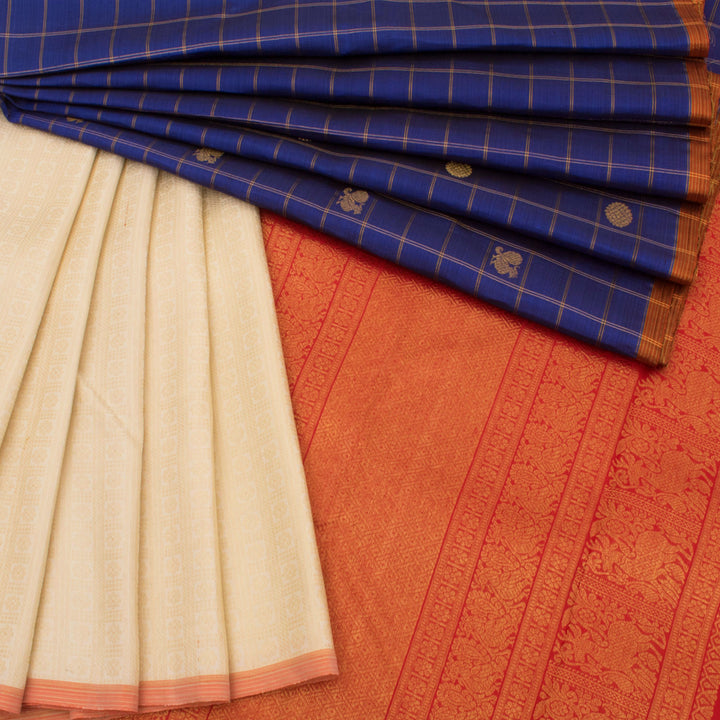 Handloom Pure Zari Half and Half Bridal Korvai Kanjivaram Silk Saree With Checks Design and Peacock Floral Motifs 