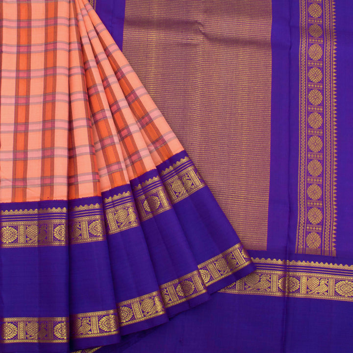 Handloom Pure Zari Bridal Korvai Kanjivaram Silk Saree with Checks Design and Thandavalam Mayil Chakram Border