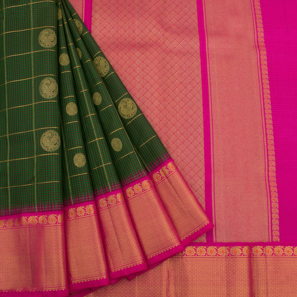 Handloom Pure Zari Bridal Korvai Kanjivaram Silk Saree With Checks Design Mayil Chakram Motifs and Paisley Thoranam Border 