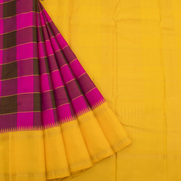 Handloom Pure Zari Kanjivaram Silk Saree With Checks Design and Thandavalam Temple Border 