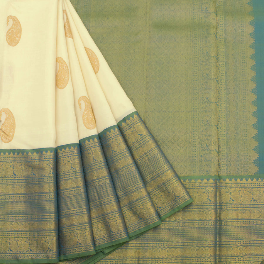 Handloom Pure Zari Korvai Kanjivaram Silk Saree with Paisley Peacock Motifs and Annam Border 