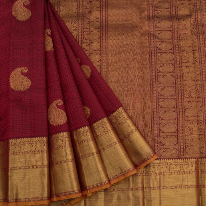 Handloom Pure Zari Bridal Jacquard Kanjivaram Silk Saree with Paisley Motifs and Bavanji Peacock Border