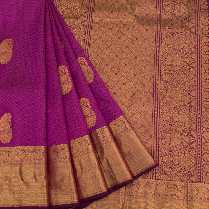 Handloom Pure Zari Bridal Jacquard Kanjivaram Silk Saree with Paisley Motifs and Bavanji Annam Yazhi Motifs Border