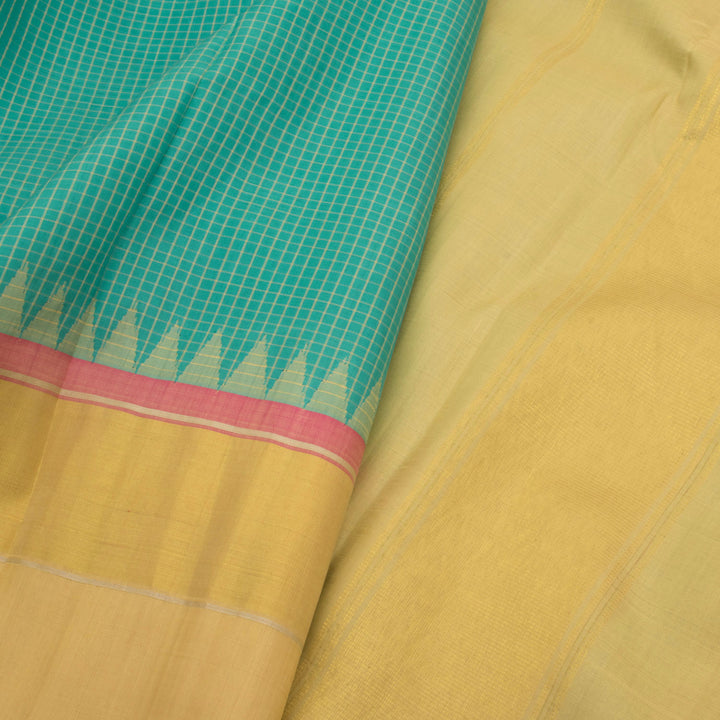Handloom Pure Zari Kanjivaram Silk Saree with Checks Design and Temple Tissue Border 