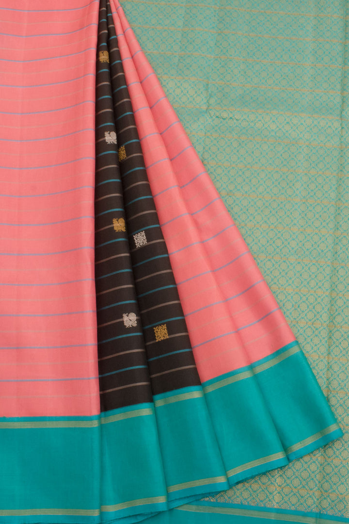 Handloom Pure Zari Partly Pallu Kanjivaram Silk Saree with Stripes Design and Peacock Motifs