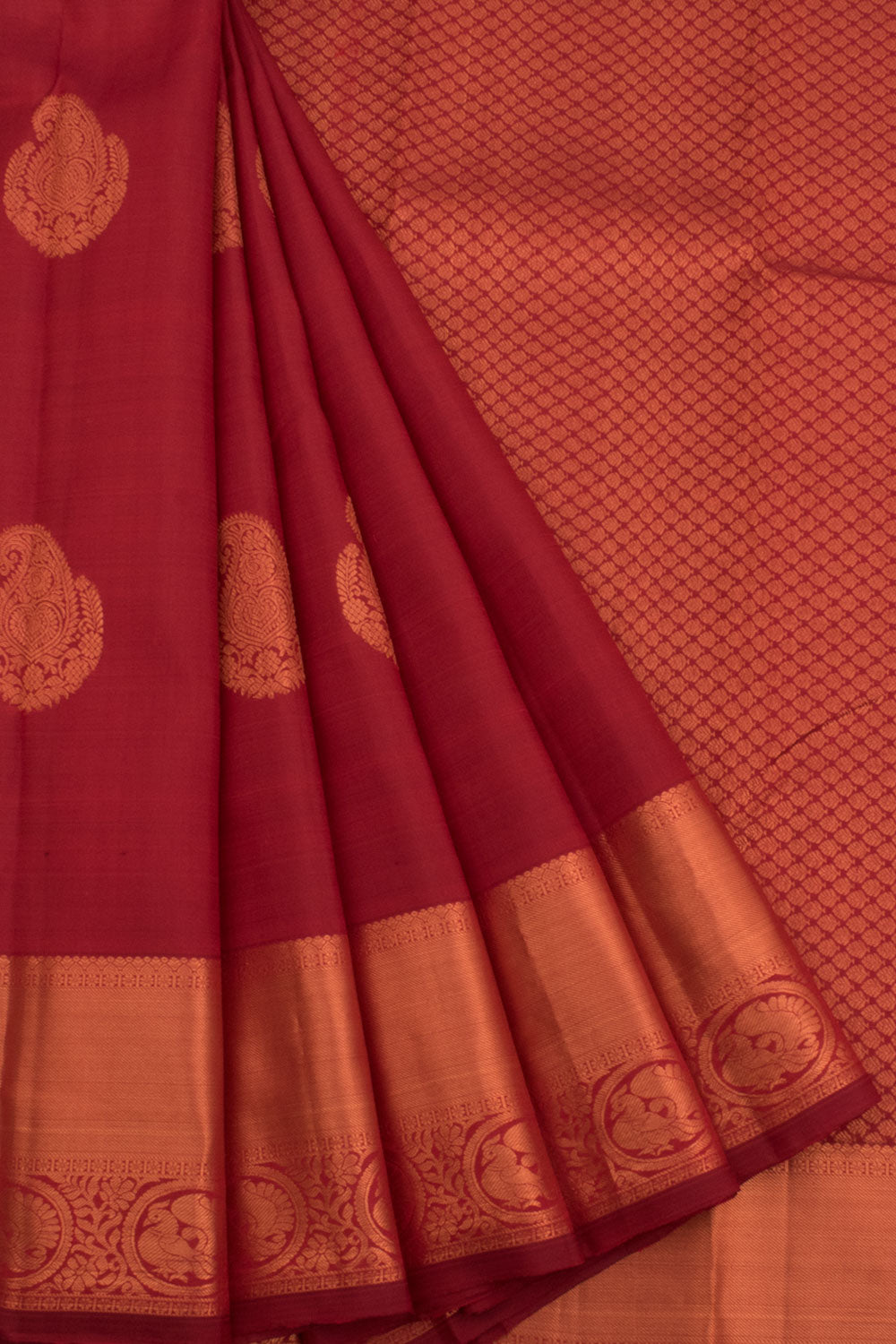 Handloom Pure Zari Kanjivaram Silk Saree with Paisley Motifs and Bavanji Peacock Border