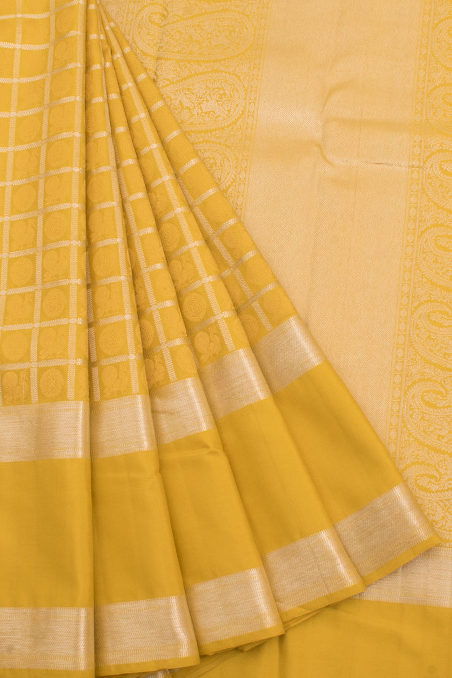 Handloom Pure Zari Bridal Jacquard Kanjivaram Silk Saree with Silver Zari Checks Design and Mayil Chakram Motifs