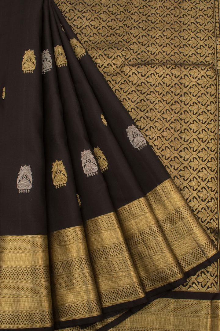 Handloom Pure Zari Kanjivaram Silk Saree with Gold, Silver Parrot Jhumka Motifs