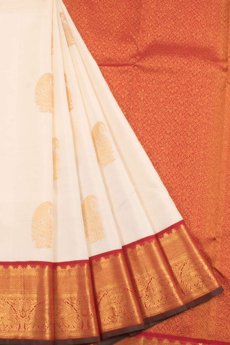 Handloom Pure Zari Korvai Kanjivaram Silk Saree with Paisley Motifs and Kuyil Kann, Bird, Temple Rekku Border
