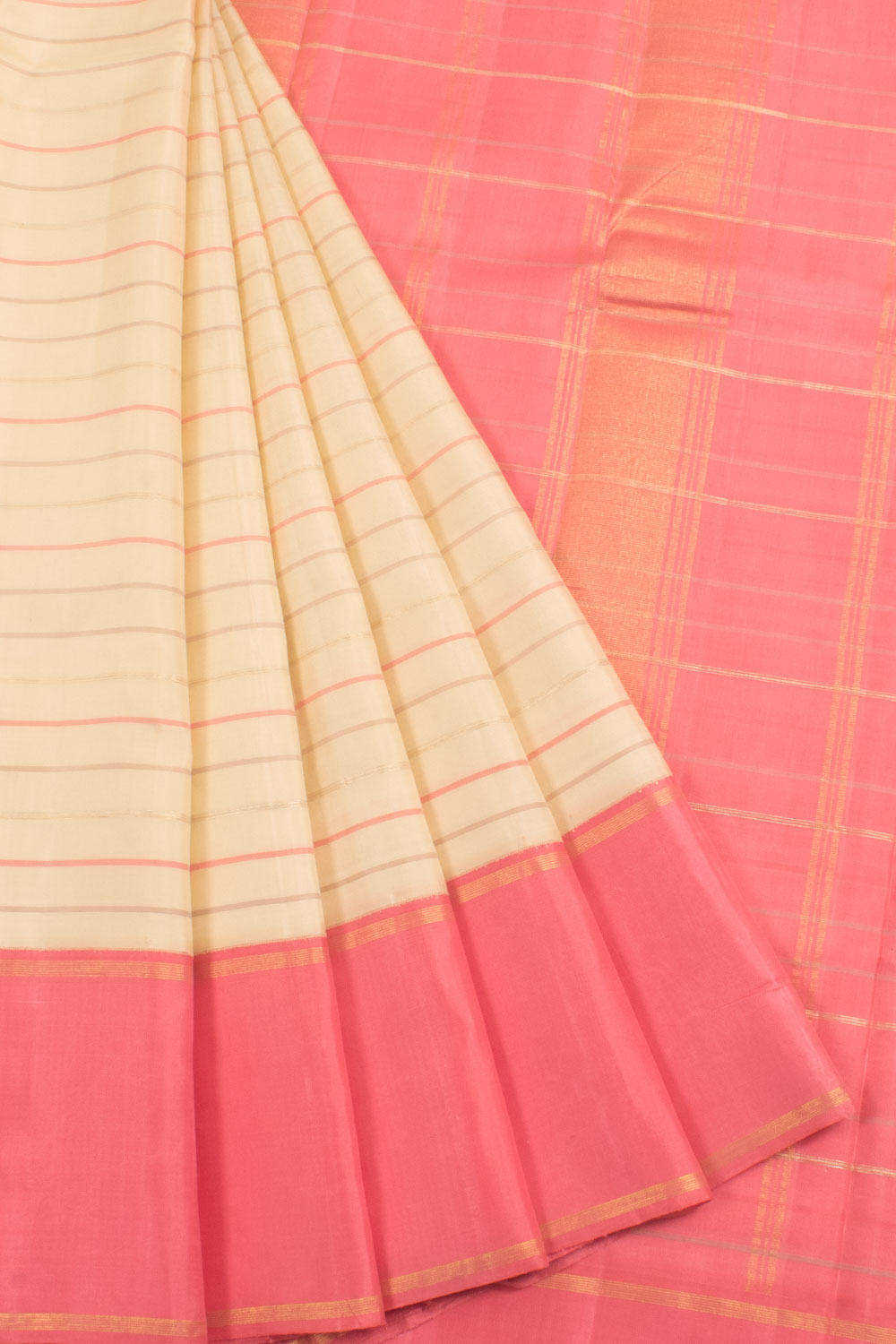 Handloom Pure Zari Korvai Kanjivaram Silk Saree with Stripes Design and Ganga Jamuna Border