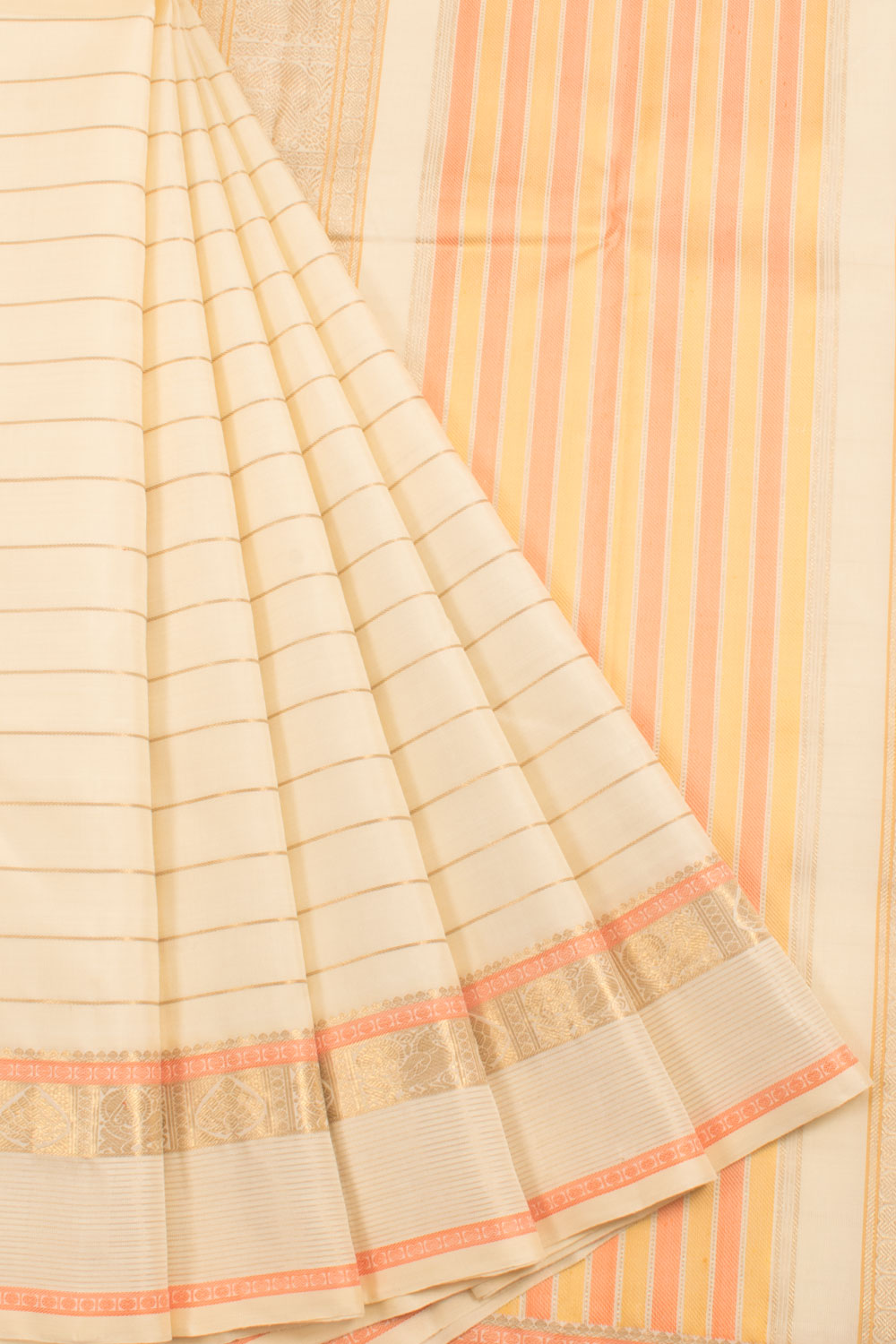 Handloom Pure Zari Kanjivaram Silk Saree with Stripes Design and Peacock Border