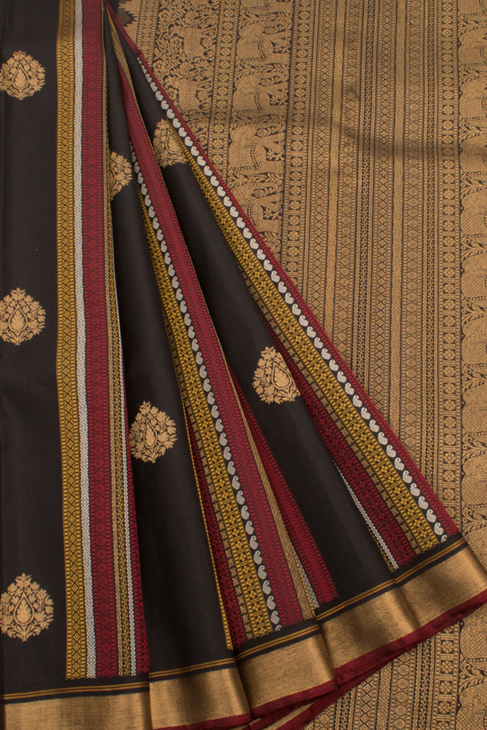Handloom Pure Zari Kanjivaram Silk Saree with Floral Motifs and Threadwork Design and Elephant, Deer Border