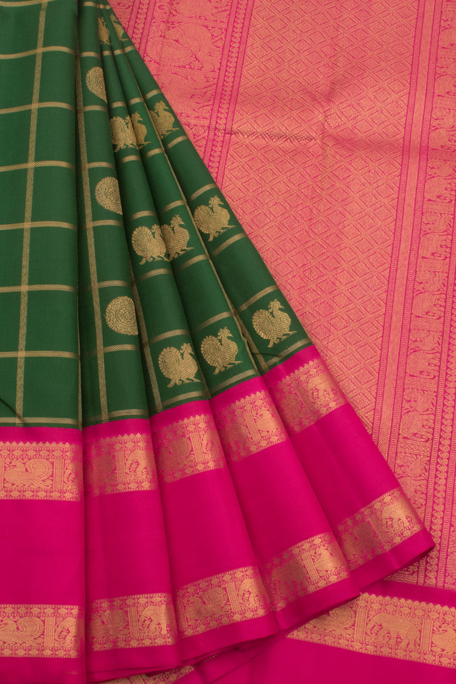 Handloom Pure Zari Bridal Korvai Kanjivaram Silk Saree with Checks Design, Mayil Chakram Motifs and Thandavalam Border