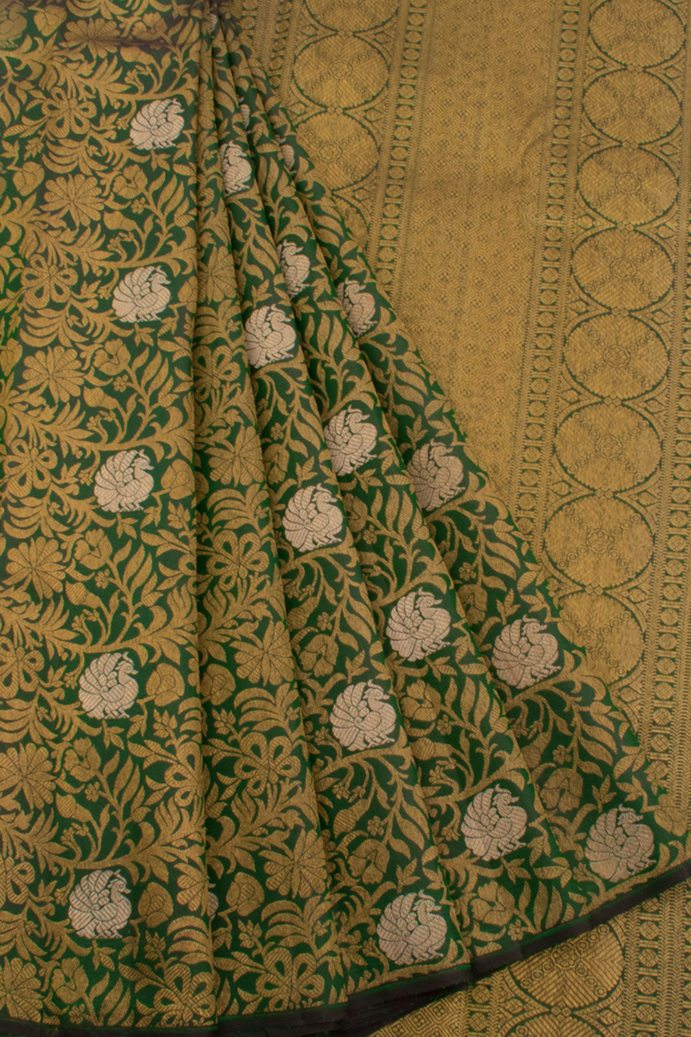 Handloom Pure Zari Borderless Bridal Jacquard Kanjivaram Silk Saree with Kodimalar, Meenakari Peacock Design