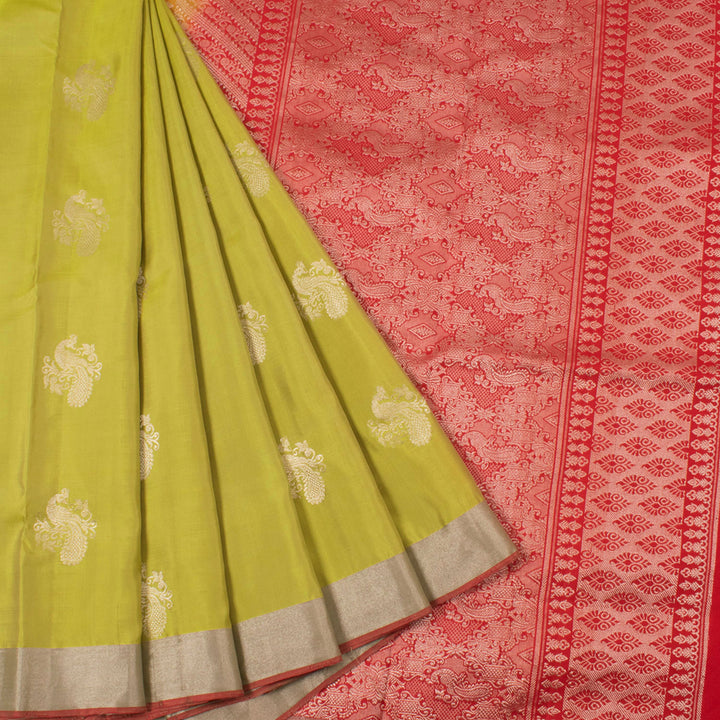 Handloom Kanjivaram Soft Silk Saree with Silver Zari Peacock Motifs and Tissue Border