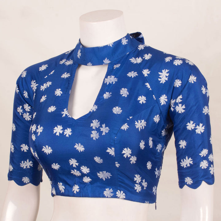 Hand Block Printed Silk Designer Blouse with Tie-Up Neckline, Oval Backline, Side Zip and Padding