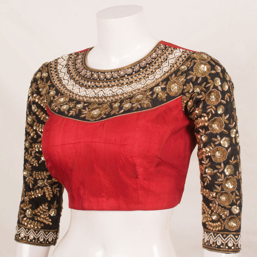 Zardosi Embroidered Raw Silk Designer Blouse with Heavy Embroidered Yoke, Sleeves and Padding