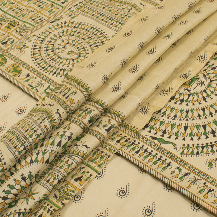 Handcrafted Bhagalpur Silk 3-Piece Salwar Suit Material with Warli Print