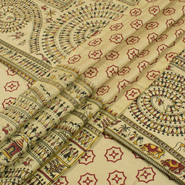 Handcrafted Bhagalpur Silk 3-Piece Salwar Suit Material with Warli Print 