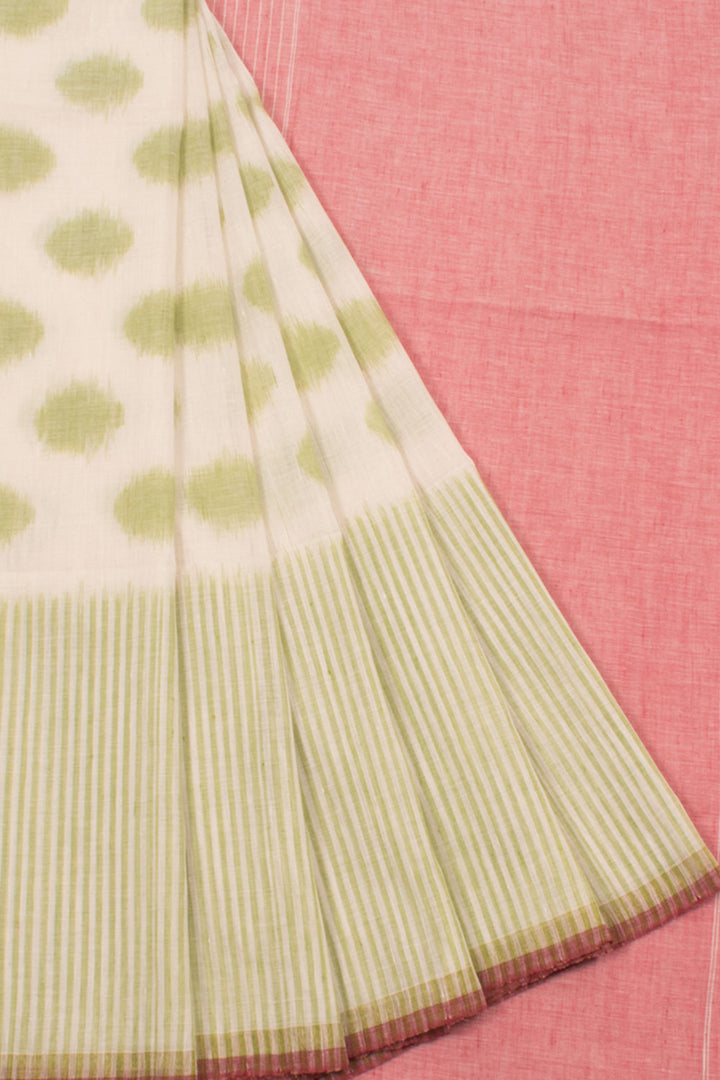 Handloom Ikat Linen Saree with Polka Design and Stripes Border 