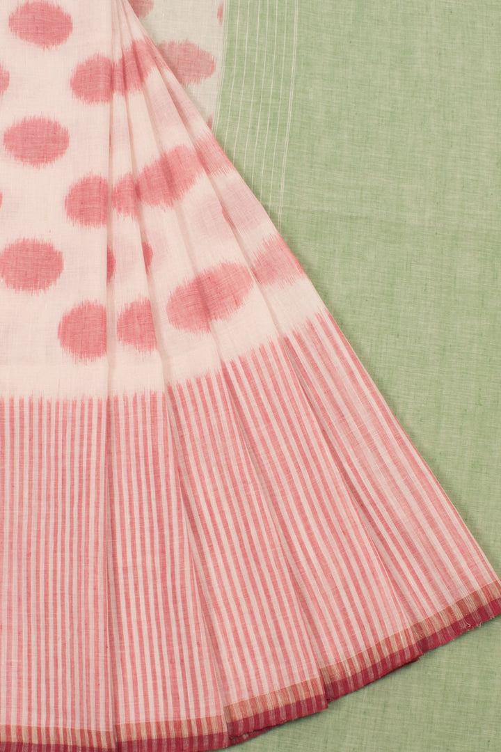 Handloom Ikat Linen Saree with Polka Design and Stripes Border