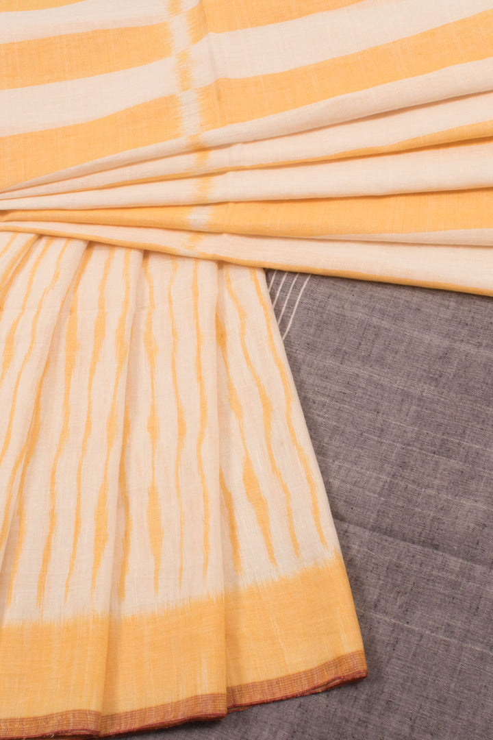 Pastel Yellow Linen Ikat Cotton Saree with Stripes Design 10059414