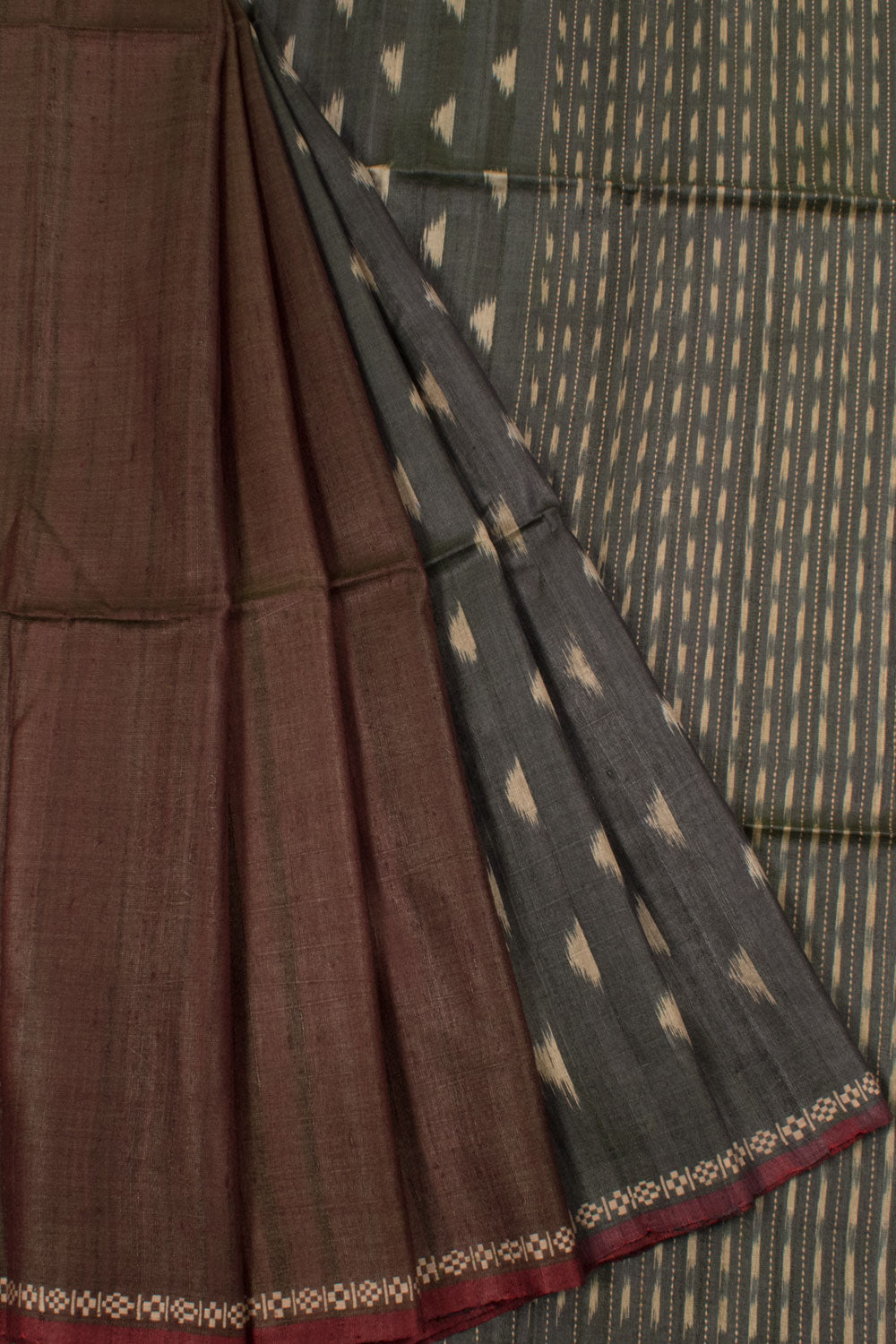 Handloom Half and Half Pahad Ikat Tussar Silk Saree Stripes Pallu