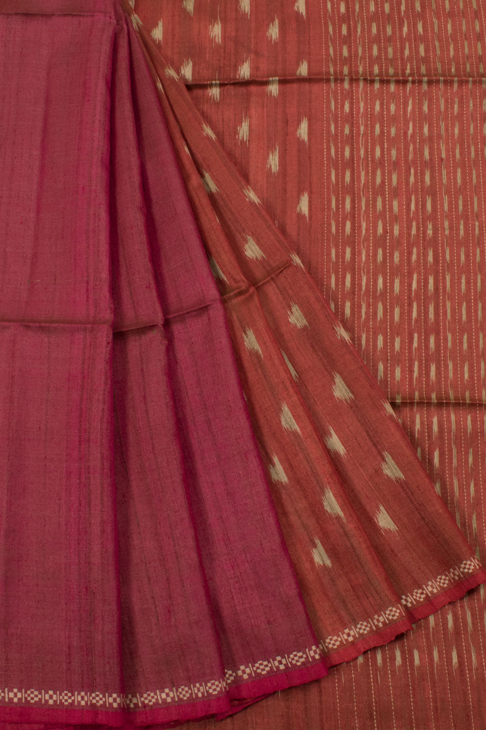 Handloom Half and Half Pahad Ikat Tussar Silk Saree with Stripes Pallu 